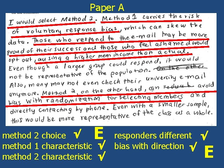 Paper A E method 2 choice √ responders different √ method 1 characteristic √