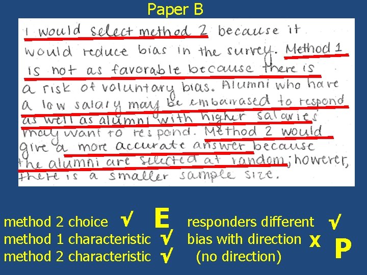 Paper B E method 2 choice √ responders different √ method 1 characteristic √