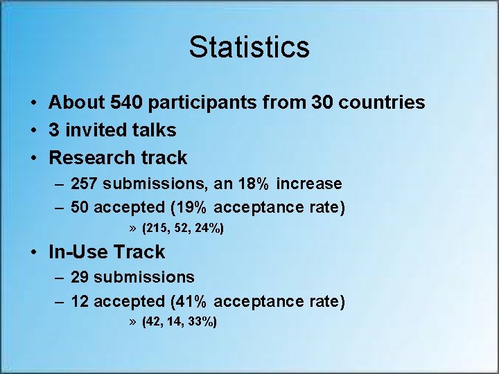 Statistics • About 540 participants from 30 countries • 3 invited talks • Research
