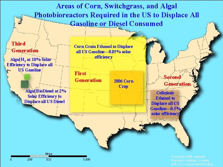 Areas of Corn, Switchgrass, and Algal Photobioreactors Required in the US to Displace All