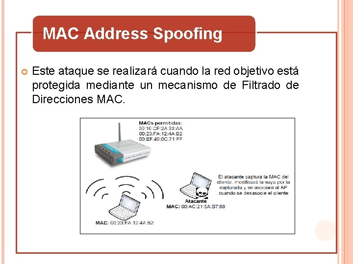 MAC Address Spoofing Este ataque se realizará cuando la red objetivo está protegida mediante