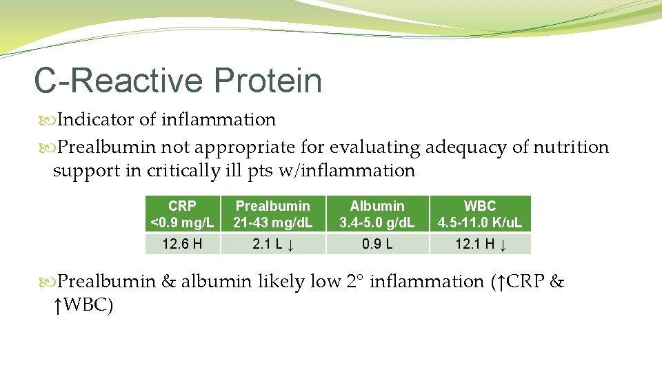 C-Reactive Protein Indicator of inflammation Prealbumin not appropriate for evaluating adequacy of nutrition support