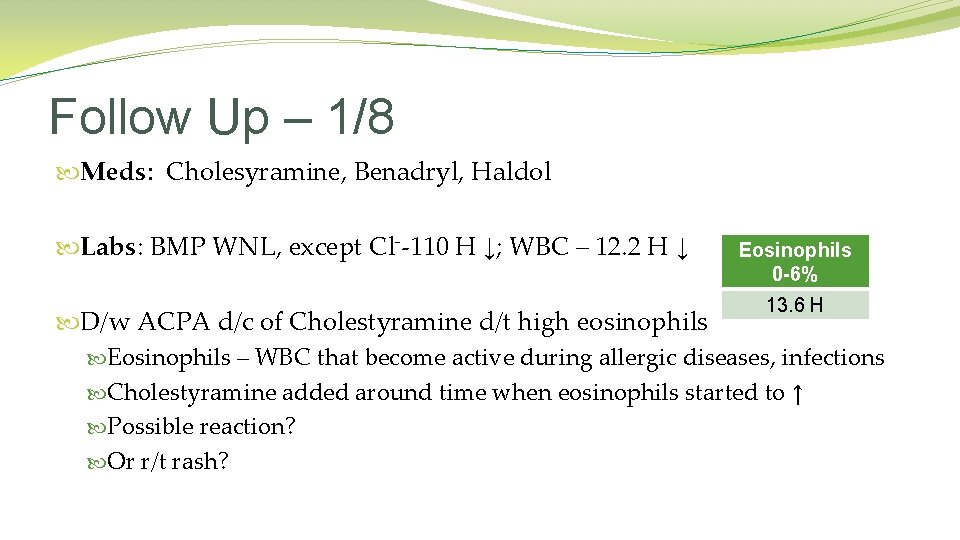 Follow Up – 1/8 Meds: Cholesyramine, Benadryl, Haldol Labs: BMP WNL, except Cl--110 H