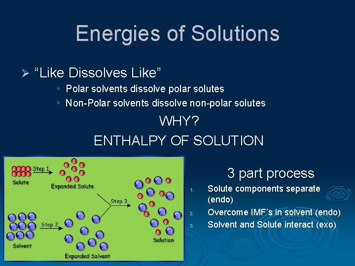 Energies of Solutions Ø “Like Dissolves Like” • Polar solvents dissolve polar solutes •
