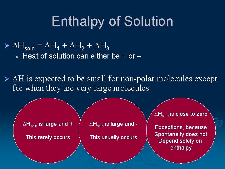 Enthalpy of Solution Ø DHsoln = DH 1 + DH 2 + DH 3