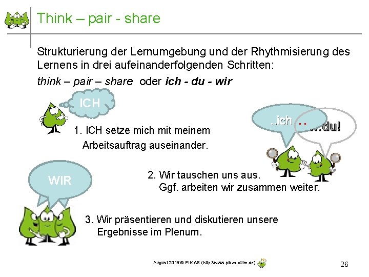 Think – pair - share Strukturierung der Lernumgebung und der Rhythmisierung des Lernens in