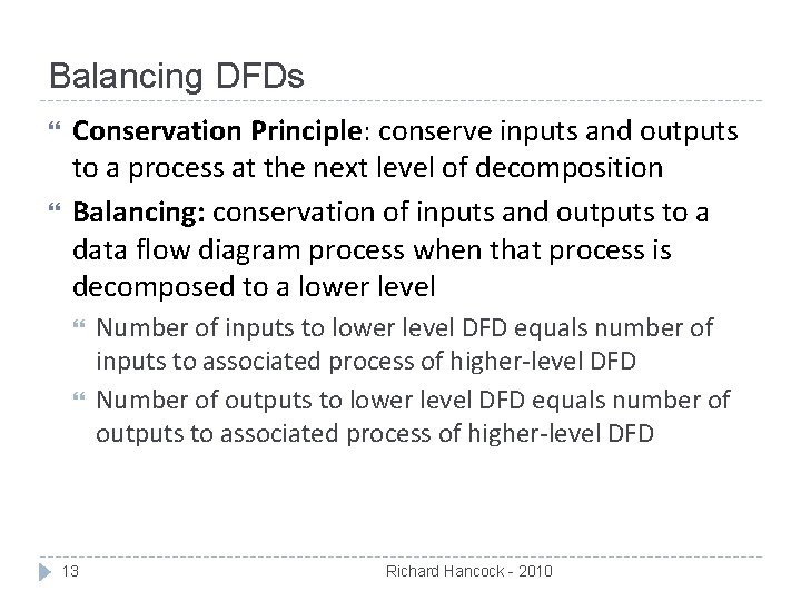 Balancing DFDs Conservation Principle: conserve inputs and outputs to a process at the next