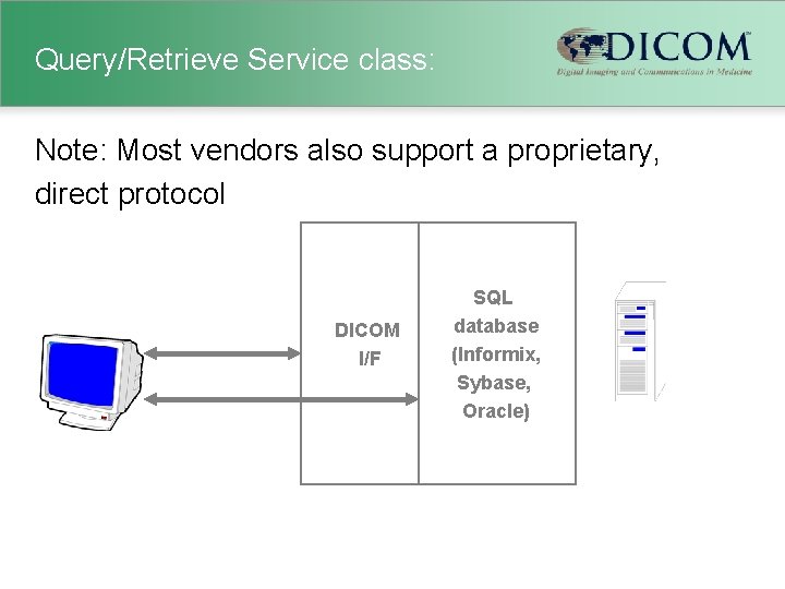 Query/Retrieve Service class: Note: Most vendors also support a proprietary, direct protocol DICOM I/F