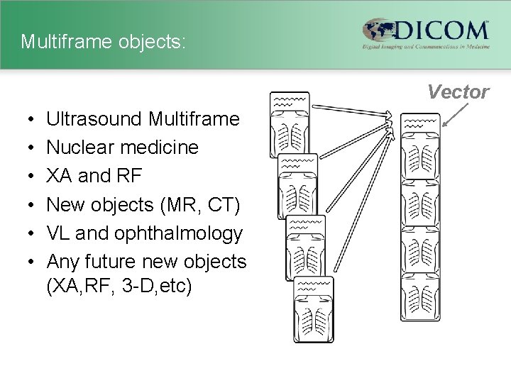 Multiframe objects: Vector • • • Ultrasound Multiframe Nuclear medicine XA and RF New