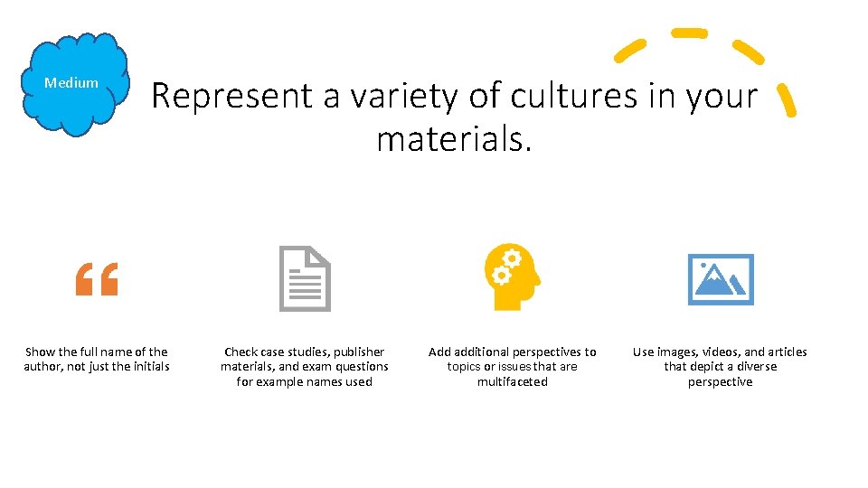 Medium Represent a variety of cultures in your materials. Show the full name of