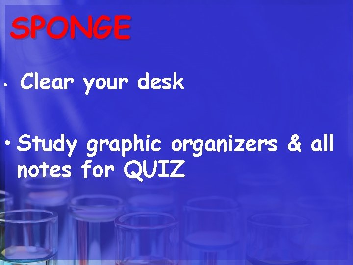 SPONGE • Clear your desk • Study graphic organizers & all notes for QUIZ