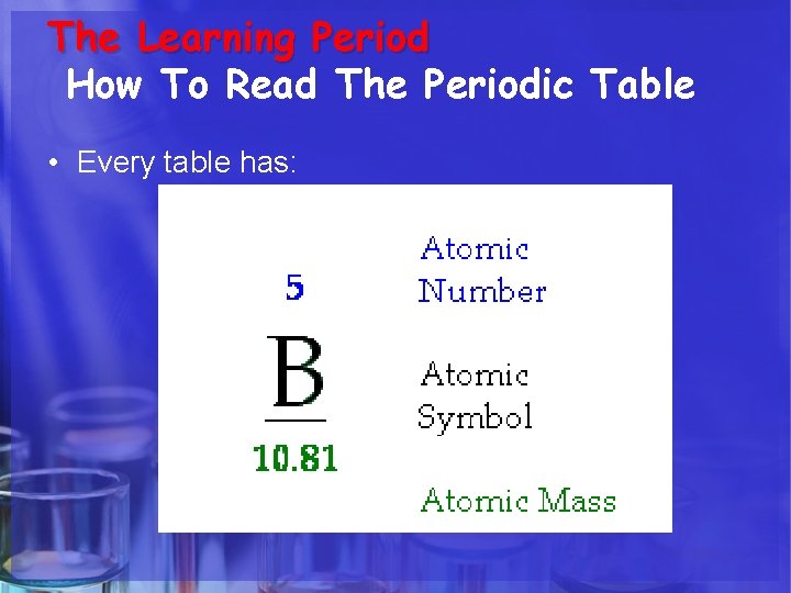 The Learning Period How To Read The Periodic Table • Every table has: 