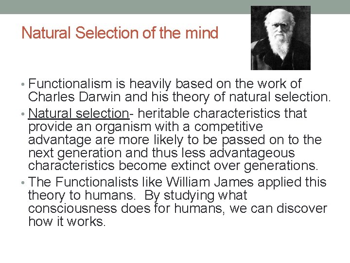 Natural Selection of the mind • Functionalism is heavily based on the work of
