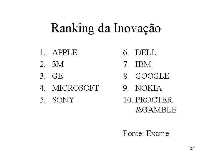 Ranking da Inovação 1. 2. 3. 4. 5. APPLE 3 M GE MICROSOFT SONY