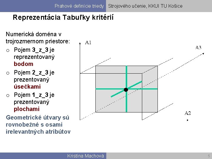 Prahové definície triedy Strojového učenie, KKUI TU Košice Reprezentácia Tabuľky kritérií Numerická doména v