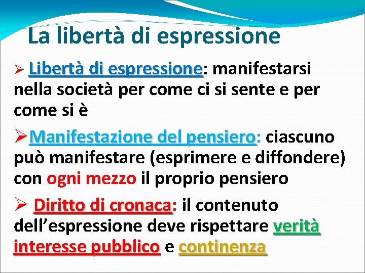 La libertà di espressione Ø Libertà di espressione: espressione manifestarsi nella società per come