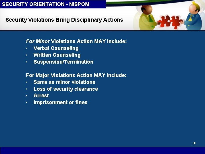 SECURITY ORIENTATION - NISPOM Security Violations Bring Disciplinary Actions For Minor Violations Action MAY