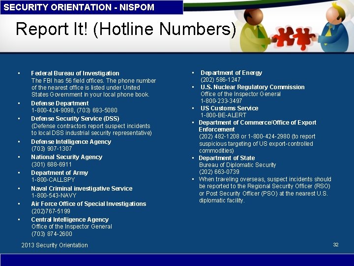 SECURITY ORIENTATION - NISPOM Report It! (Hotline Numbers) • • • Federal Bureau of