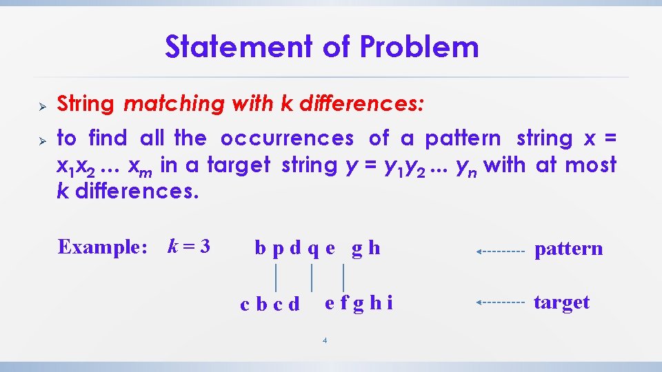 Statement of Problem Ø Ø String matching with k differences: to find all the Statement of Problem Ø Ø String matching with k differences: to find all the