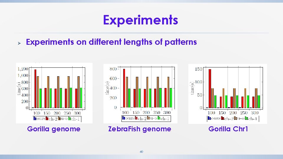 Experiments Ø Experiments on different lengths of patterns Gorilla genome Zebra. Fish genome 40 Experiments Ø Experiments on different lengths of patterns Gorilla genome Zebra. Fish genome 40