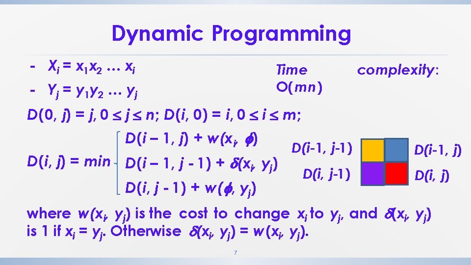 Dynamic Programming - Xi = x 1 x 2 … xi Time O(mn) - Dynamic Programming - Xi = x 1 x 2 … xi Time O(mn) -