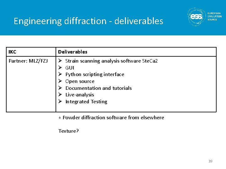 Engineering diffraction - deliverables IKC Deliverables Partner: MLZ/FZJ Ø Ø Ø Ø Strain scanning