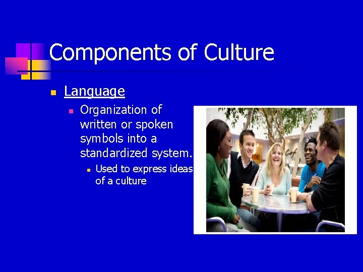 Components of Culture n Language n Organization of written or spoken symbols into a