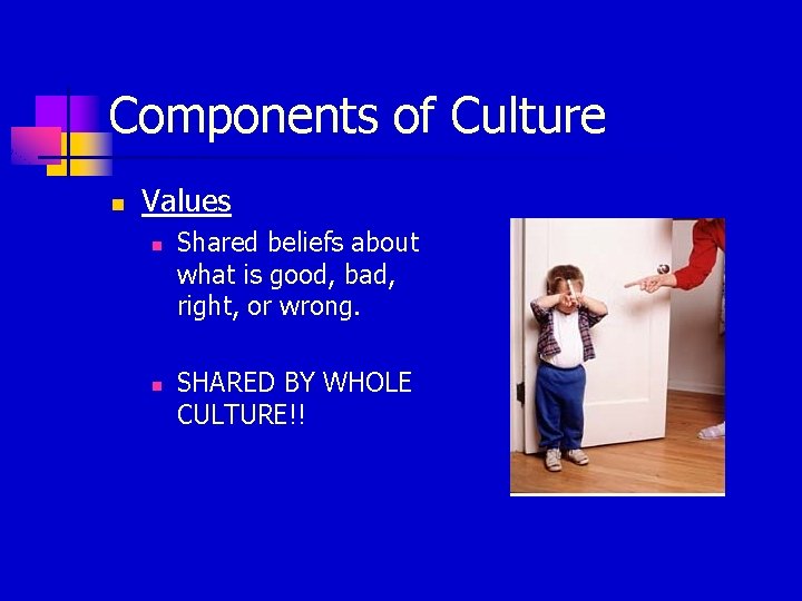 Components of Culture n Values n n Shared beliefs about what is good, bad,