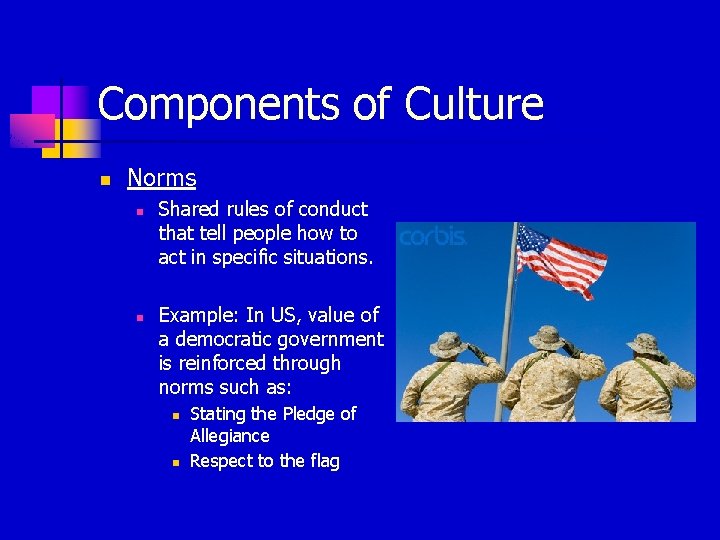 Components of Culture n Norms n n Shared rules of conduct that tell people