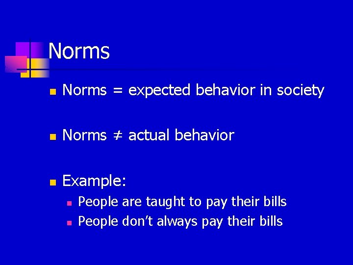 Norms n Norms = expected behavior in society n Norms ≠ actual behavior n