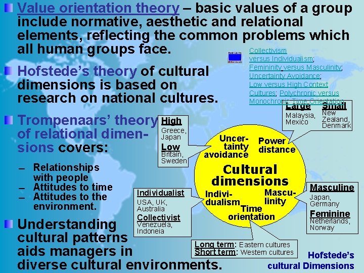 Value orientation theory – basic values of a group include normative, aesthetic and relational