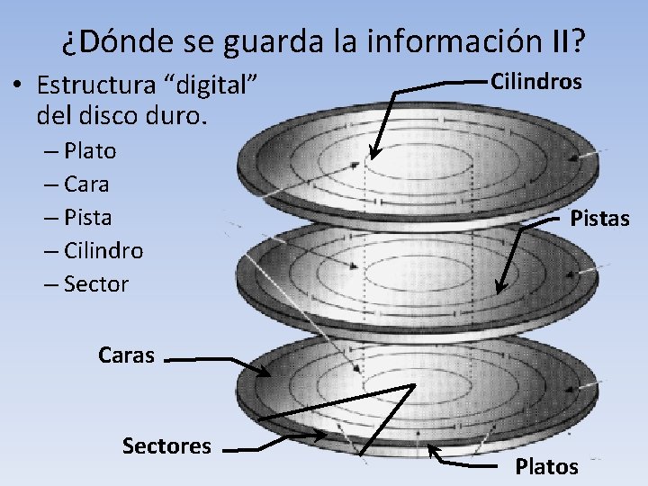 ¿Dónde se guarda la información II? • Estructura “digital” del disco duro. – Plato