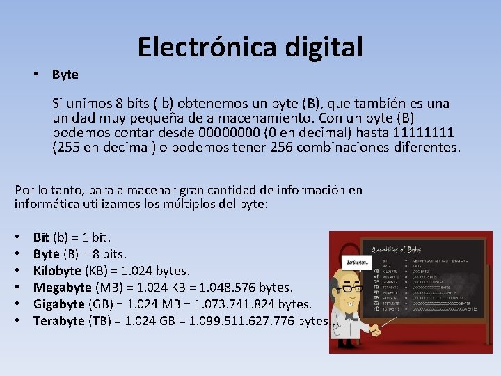 Electrónica digital • Byte Si unimos 8 bits ( b) obtenemos un byte (B),