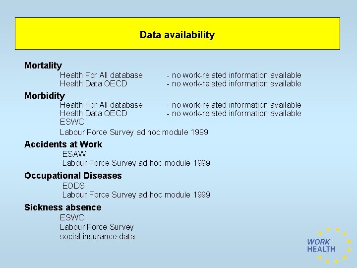 Data availability Mortality Health For All database Health Data OECD - no work-related information