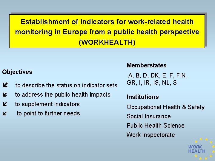 Establishment of indicators for work-related health monitoring in Europe from a public health perspective