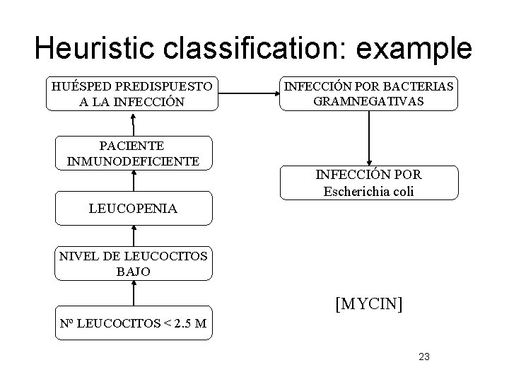 Heuristic classification: example HUÉSPED PREDISPUESTO A LA INFECCIÓN PACIENTE INMUNODEFICIENTE INFECCIÓN POR BACTERIAS GRAMNEGATIVAS