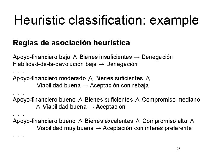Heuristic classification: example Reglas de asociación heurística Apoyo-financiero bajo ∧ Bienes insuficientes → Denegación