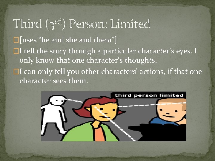 Third (3 rd) Person: Limited �[uses “he and she and them”] �I tell the