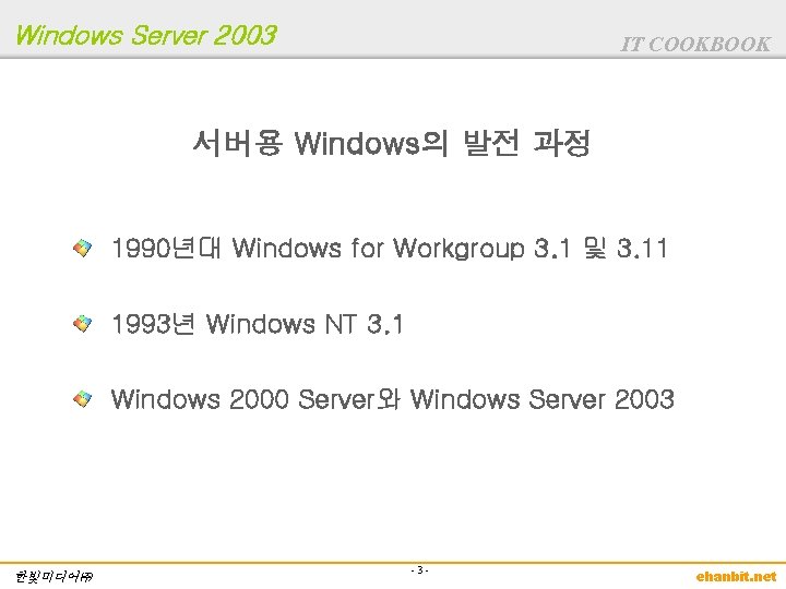 Windows Server 2003 IT COOKBOOK 서버용 Windows의 발전 과정 1990년대 Windows for Workgroup 3.