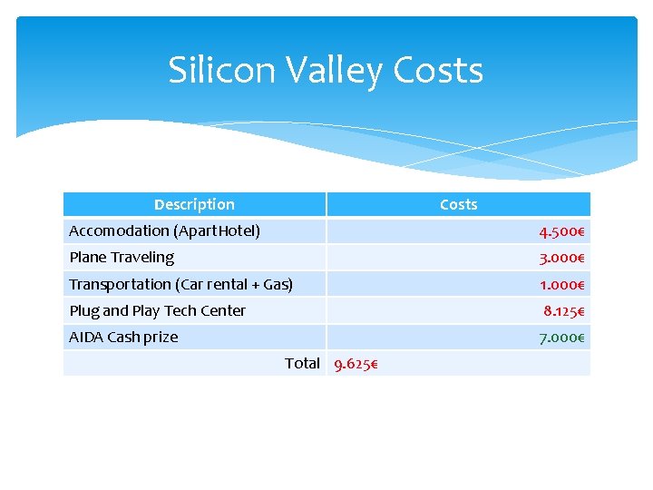 Silicon Valley Costs Description Costs Accomodation (Apart. Hotel) 4. 500€ Plane Traveling 3. 000€