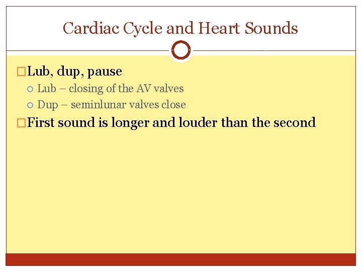 Cardiac Cycle and Heart Sounds �Lub, dup, pause Lub – closing of the AV