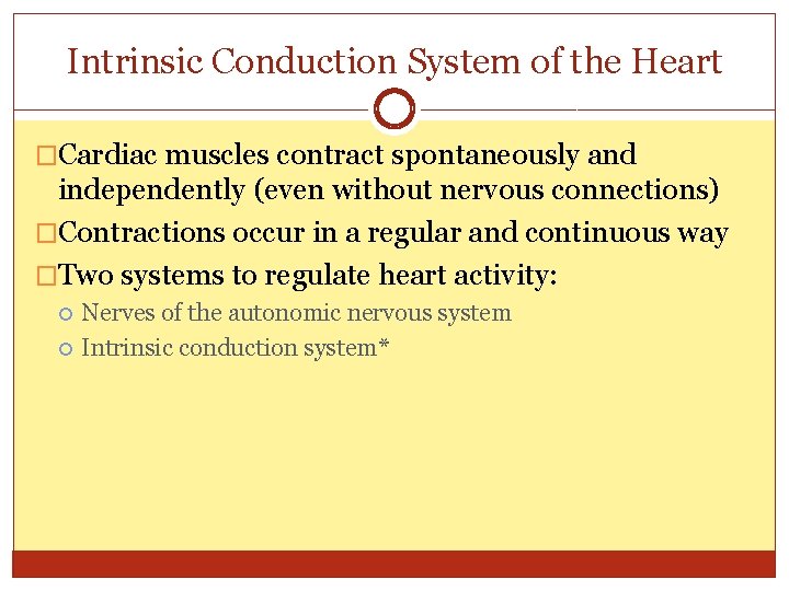 Intrinsic Conduction System of the Heart �Cardiac muscles contract spontaneously and independently (even without