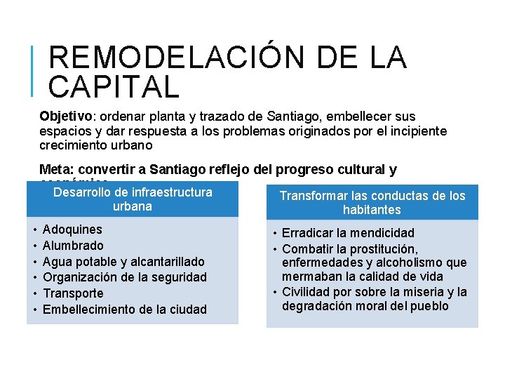 REMODELACIÓN DE LA CAPITAL Objetivo: ordenar planta y trazado de Santiago, embellecer sus espacios