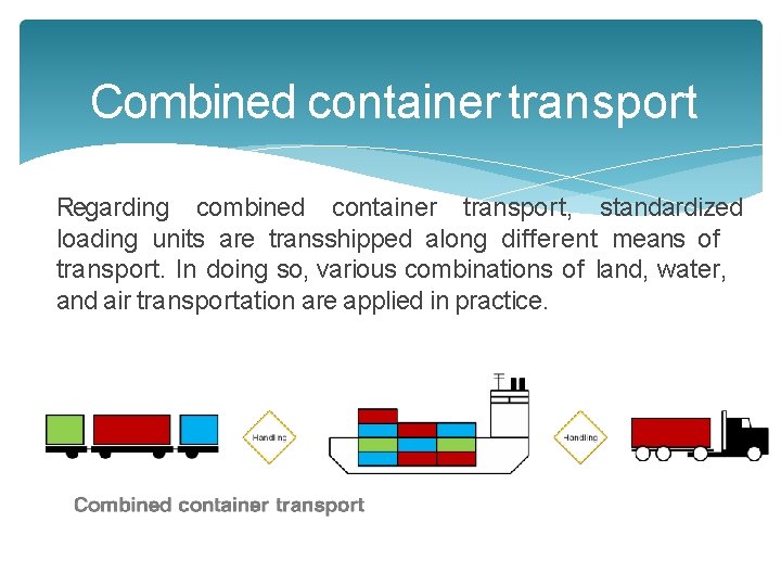 Combined container transport Regarding combined container transport, standardized loading units are transshipped along different