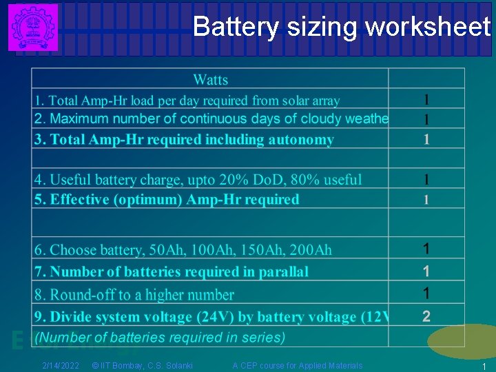 Battery sizing worksheet E for Energy 2/14/2022 © IIT Bombay, C. S. Solanki A
