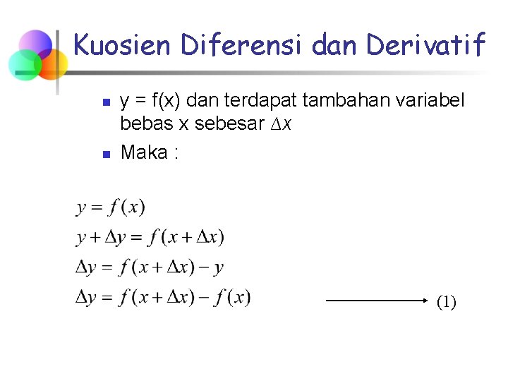 Kuosien Diferensi dan Derivatif n n y = f(x) dan terdapat tambahan variabel bebas