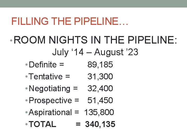 FILLING THE PIPELINE… • ROOM NIGHTS IN THE PIPELINE: July ‘ 14 – August