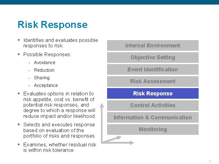 Risk Response § Identifies and evaluates possible responses to risk. § Possible Responses: Internal