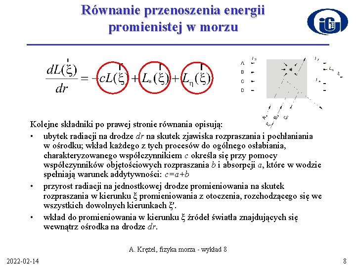 Równanie przenoszenia energii promienistej w morzu Kolejne składniki po prawej stronie równania opisują: •