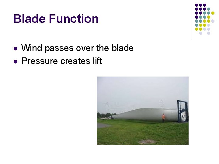 Blade Function l l Wind passes over the blade Pressure creates lift 